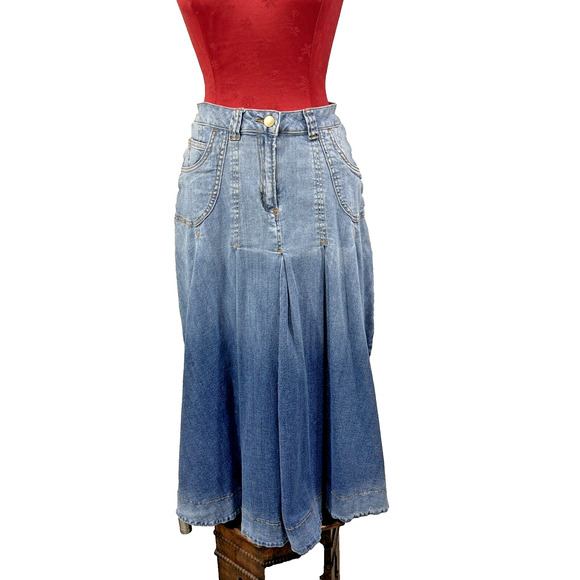 Soft Surroundings Long Blue Ombre Denim Maxi Skirt Flare Pleats Pockets Size XSP - Picture 1 of 9